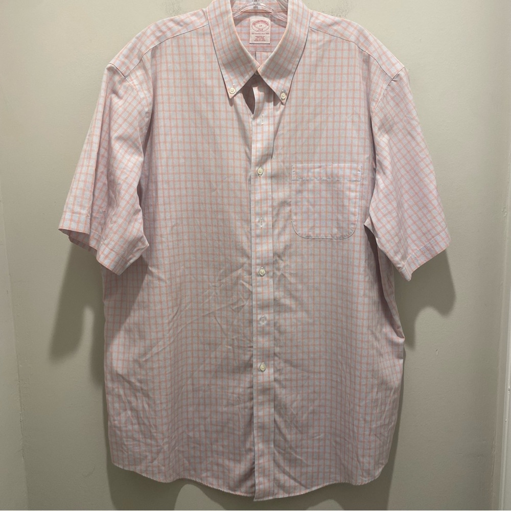 Brooks Brothers Check Short-Sleeve Button-Down Shirt Pink Blue Men’s Size 17 XL